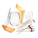 Vaisselle jetable, verrines, pots en verre, Mises en bouche, Plateaux, planches, barquettes, cônes ustensiles, paniers
